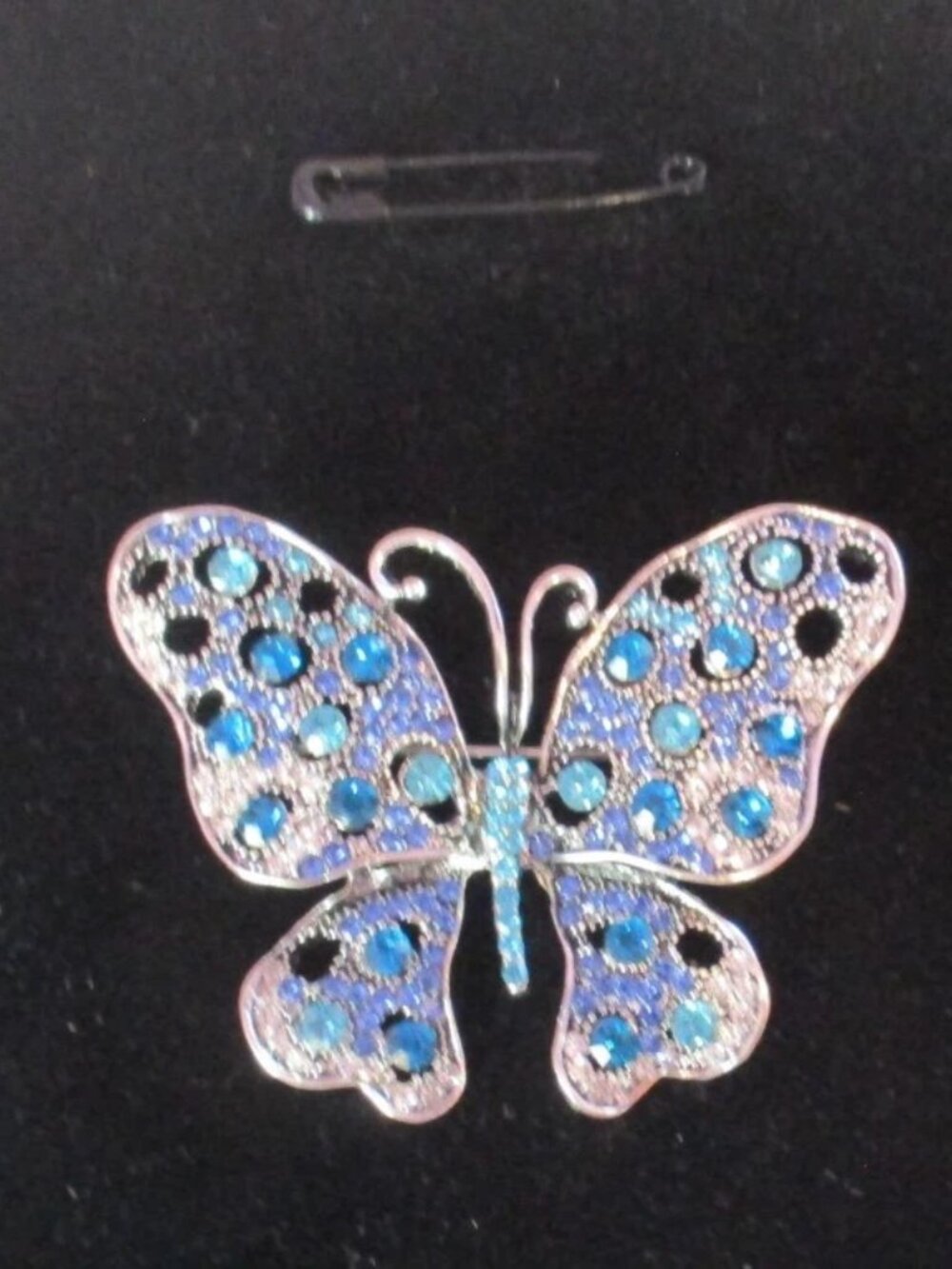 Butterfly Brooch Silver Tone with Intricate Blue Rhinestones and Crystals